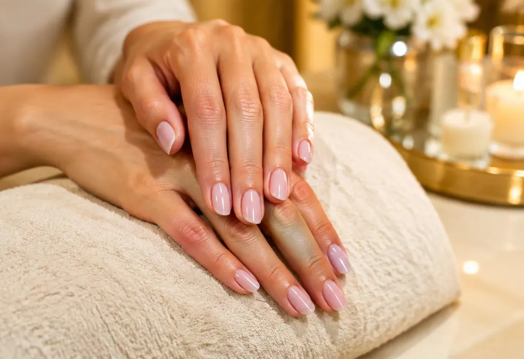 Fresh manicure with neutral polish at a nail salon