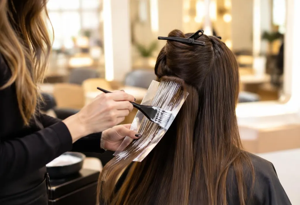 Stylist painting balayage onto hair at a salon