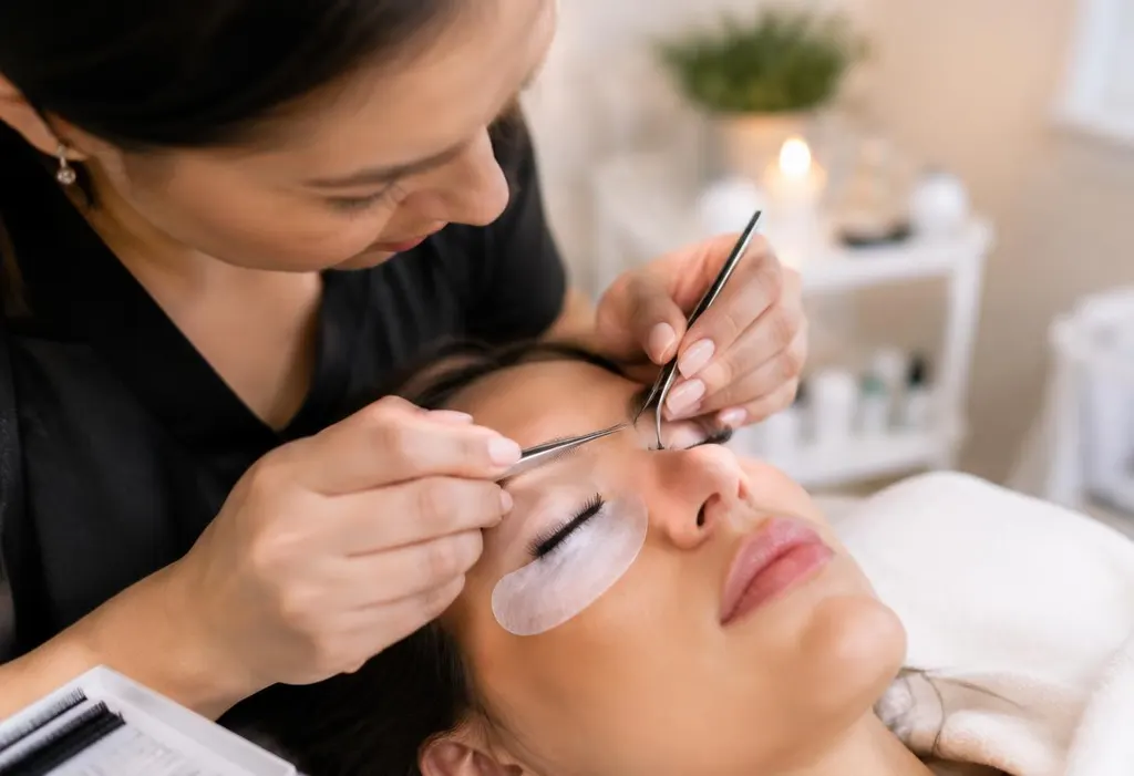 Close-up of eyelash extensions being applied
