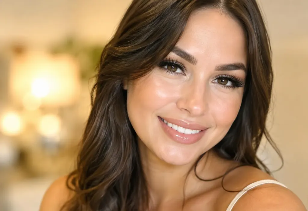 Woman with full eyelash extensions smiling